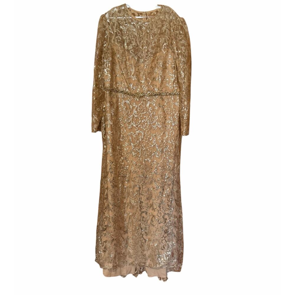 Mac Duggal Embellised Gold Long Sleeve MOB Prom Maxi Gown Plus Size 20 68011 New - Picture 6 of 9